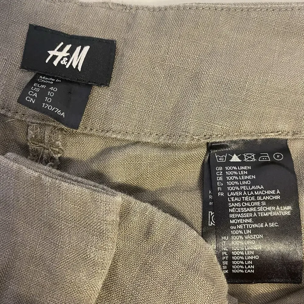 H&M Women Sz10 Straight Leg 100% Linen Dress Pants Lightweight Casual Dark Gray